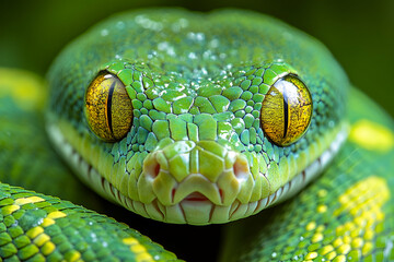 Fototapeta premium A striking close-up of a vibrant green snake, showcasing its intricate scales and distinctive yellow eyes, highlighting the beauty of nature.