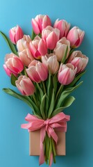 Obraz premium A bouquet of pink tulips arranged in a gift box with scattered petals on a blue background