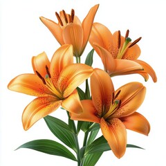 Obraz premium A beautiful bouquet of orange lilies with vibrant petals and green leaves against a plain background