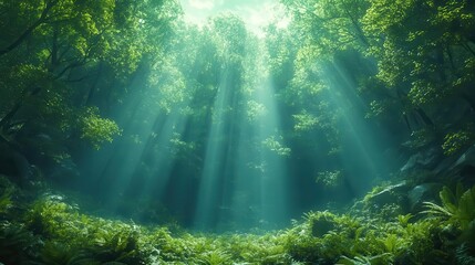 Obraz premium sunlight filtering through lush green trees in a beautiful forest creating dappled light effects on the forest floor evoking a serene and peaceful mood