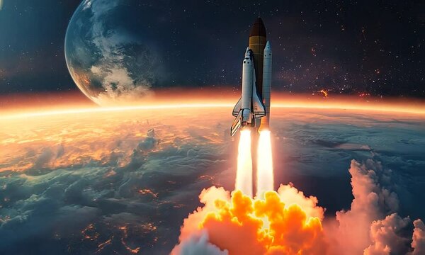 A rocket launching into space above clouds at sunrise.