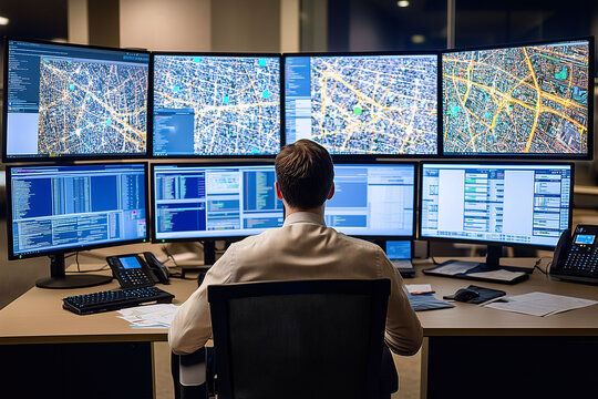 Ein Mann sitzt vor Monitoren und &uuml;berwacht den Verkehr, Verkehrs&uuml;berwachung und Verkehrssteuerung aus der Verkehrsleitzentrale durch einen Mitarbeiter