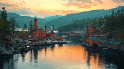 Fototapeta premium Serene lakeside village at sunset with reflections.