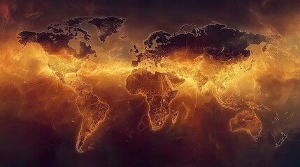 A fiery, glowing depiction of the world map, showcasing continents illuminated with a vibrant orange and yellow light against a dark background.