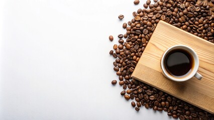 Coffee beans and cup with COFFEE script on white background