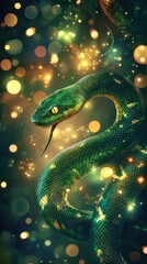 Fototapeta premium Green snake resting on an illuminated christmas tree branch, symbol of 2025 according to the Chinese calendar