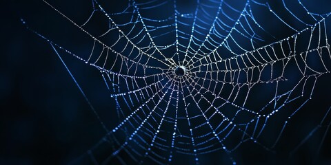 Naklejka premium A spooky spiderweb against a dark blue background, perfect for Halloween posters, banners, or scary illustrations.