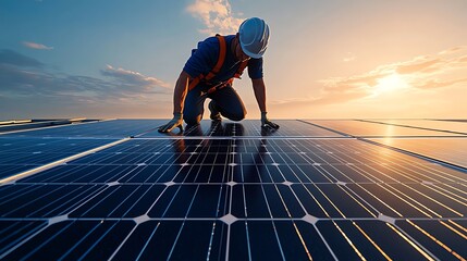 Worker installing solar panels on rooftop at sunset.