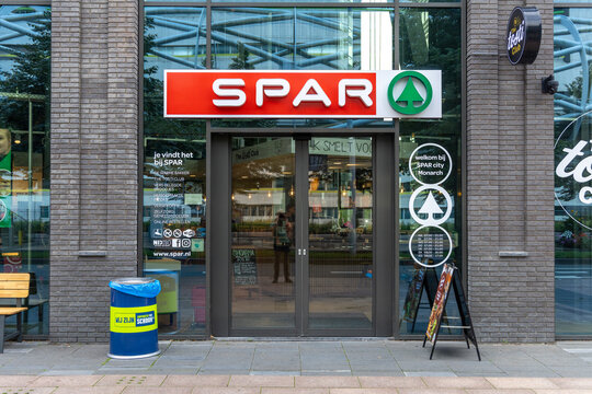 Spar logo sign at a store. groceries shop fresh products at supermarket prices. The Hague, the Netherlands. 2 September 2023. 