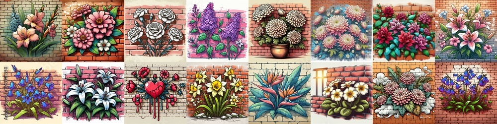 Canvas Prints Flowers painted on the bricks wall. AI generated illustration