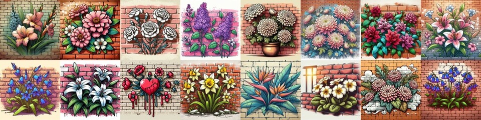 Flowers painted on the bricks wall. AI generated illustration