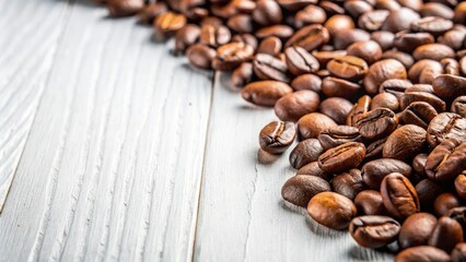 Fototapeta premium Coffee beans on white table with more beans nearby, low angle view