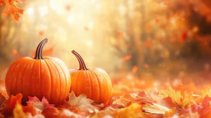 Autumn background with fallen maple leaves and pumpkins