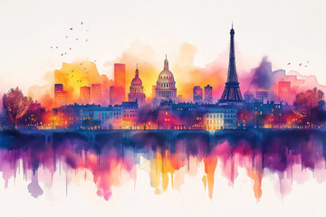 Fototapeta premium Colorful Watercolor Cityscape showcasing the Eiffel Tower and famous Landmarks in vivid, Abstract style. Ideal for Travel, Art, or urban-themed projects.