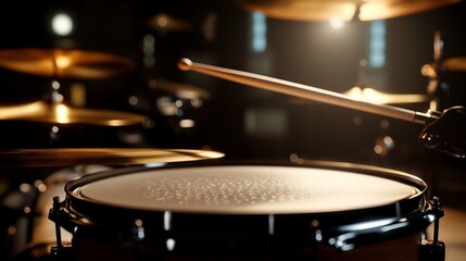 Obraz premium Close-up of a snare drum with a drumstick in the foreground.
