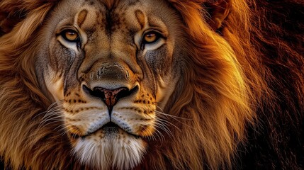 Fototapeta premium Close-up of a lion's face, showcasing its powerful gaze and majestic mane.