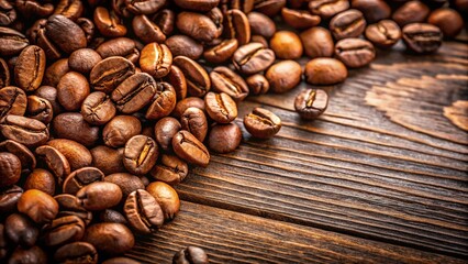 Fototapeta premium Coffee beans spread out on a wooden surface close up macro