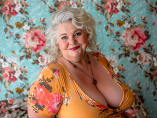 Sixty-year-old plus-size woman with a curvy body and large breasts wearing a floral dress in a sensual pose against a floral pattern background
