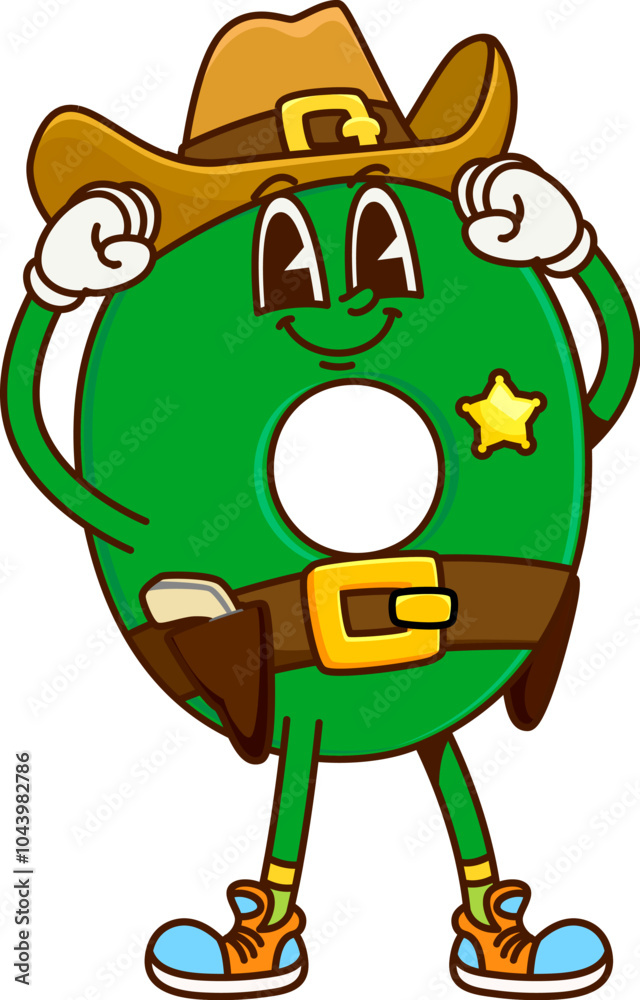 Poster cartoon groovy cowboy, sheriff math number zero character. isolated vector 0 personage adorned in te