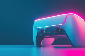 Neon-lit VR headset in futuristic setting.