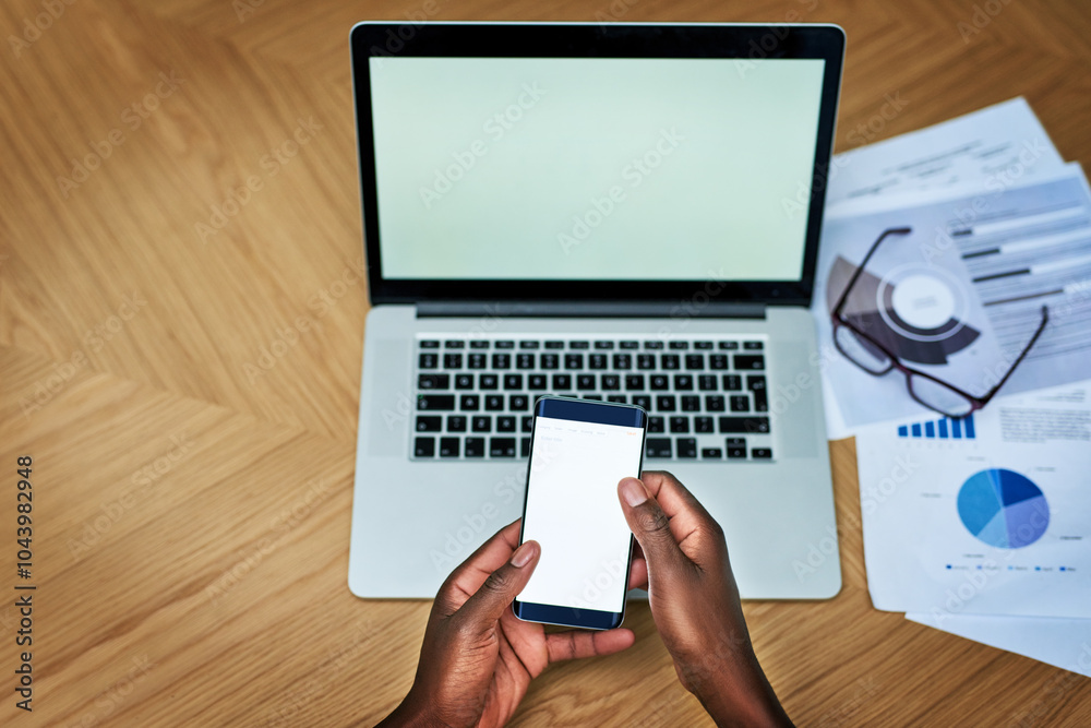 Poster screen, laptop and hands on desk with mobile, web design and online for marketing information. techn