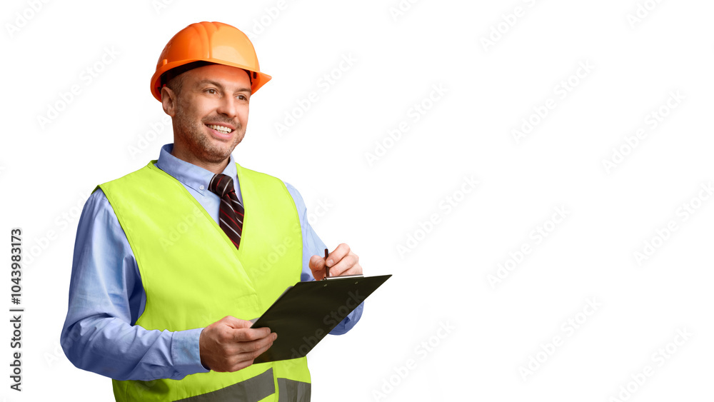 Fototapete Builder Workman Standing Holding Folder Taking Notes Looking Aside At Copy Space Posing Over White Studio Background. Building Documentation, Housebuilding Service Advert Concept. Panorama