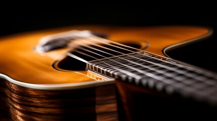 Fototapeta premium Close-up of a wooden acoustic guitar with strings, frets, and a sound hole, on a black background.