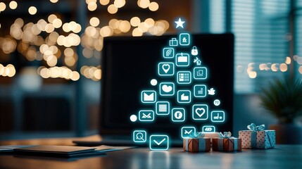 Christmas tree made of app icons glowing on office desk with presents, modern holiday tech design
