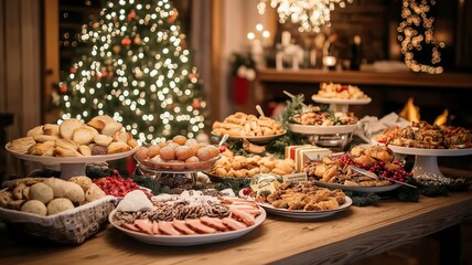 Fototapeta premium Festive table spread with Christmas tree, pastries, and various dishes.