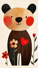 Fototapeta premium A cheerful brown bear with red cheeks and a heart, standing among flowers.