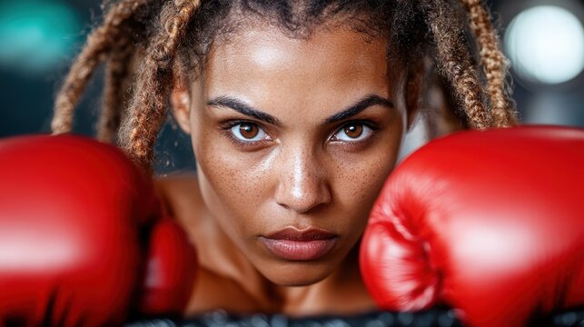 A determined female boxer with braided hair peers intently into the camera while wearing red gloves, embodying strength, focus, and the spirit of fighting.
