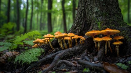 Mushrooms sprouting from the roots of a tree, with the forest floor rich in leaves and ferns.