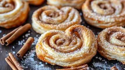 Puff pastry palmiers with cinnamon and sugar, isolated on a dark wooden surface, decorated with small cinnamon sticks and sugar crystals
