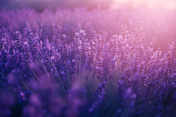 Obraz premium Lavendelfelder in Südfrankreich, Unendliche Lavendelfelder in der Provence, Lavendelblüte im goldenen Sonnenlicht mit Lichtstimmung und feinem Bokeh