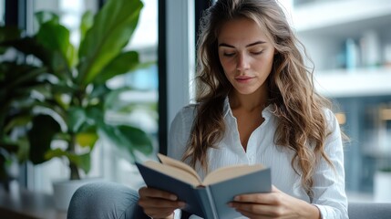 Fototapeta premium A composed woman reads a book while relaxing, framed against a lush green plant and cityscape background, evoking feelings of tranquility and solitude.