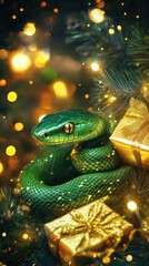 Fototapeta premium Green snake next to gifts in gold packaging, symbol of 2025 according to the Chinese calendar