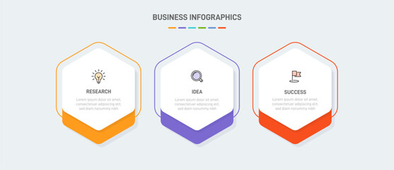 3 clean infographic design shaped elements template, symbolizing the three stages of business strategy and progression. Progress bar or timeline. Vector for presentation, web site or app.