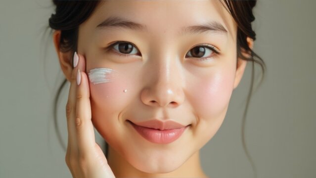 Well-groomed young Asian woman with moisturized facial skin with cream (scrub) on her face. Place for text. Advertising space
