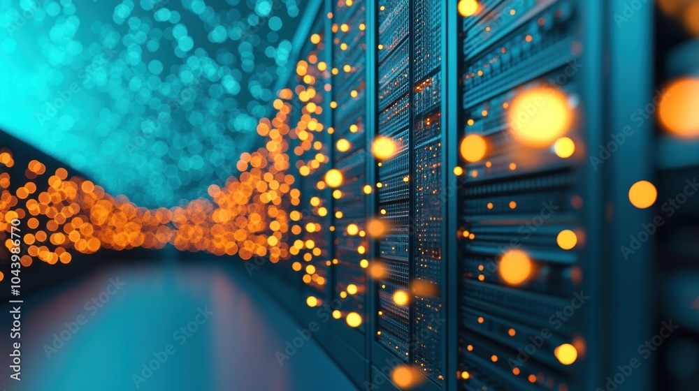 Poster a server rack filled with hard drives, showcasing the storage and transfer of large amounts of data 