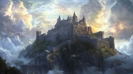 Fototapeta premium A majestic stone castle perched atop a rocky mountain, with a dramatic sky filled with fluffy clouds.