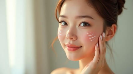 Well-groomed young Asian woman with moisturized facial skin with cream (scrub) on her face. Place for text. Advertising space