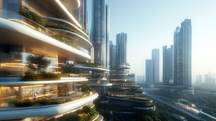 Fototapeta premium Futuristic urban architecture featuring green terraces and high-rise buildings.
