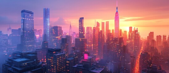 Fototapeta premium A breathtaking view of a modern cityscape at sunset, with towering skyscrapers and a vibrant skyline.