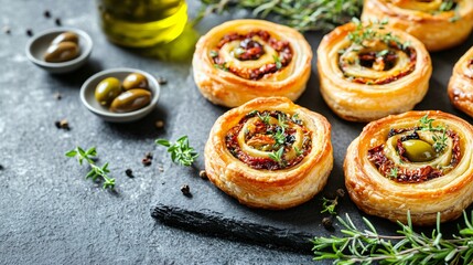 Savory puff pastry pinwheels with sun-dried tomatoes and olives, isolated on a gray slate surface, surrounded by sprigs of rosemary and small bowls of olive oil