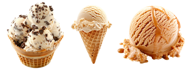Scoops of sweet and creamy flavored ice cream isolated on white transparent background.