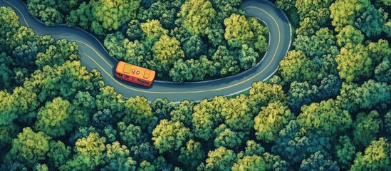 An aerial view of a winding road through a dense forest with a yellow bus driving on it.