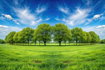 Obraz premium Scenic grassy field with trees and blue sky