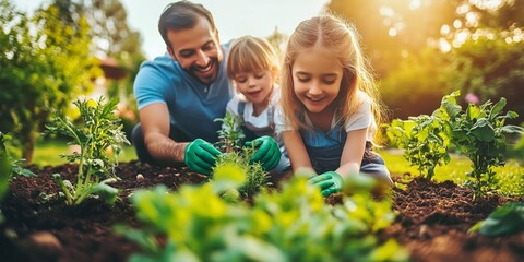 Fototapeta premium family planting vegetables and herbs in their backyard garden, vibrant outdoor setting with green plants and hands working the soil