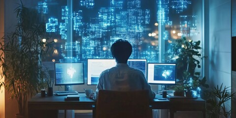 person working in a modern home office using holographic displays and multiple screens