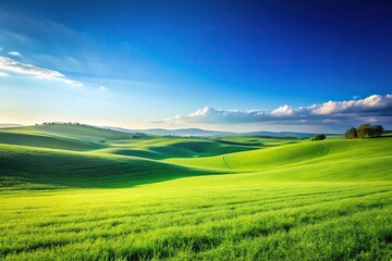 Obraz premium Scenic green field with hills and clear blue sky